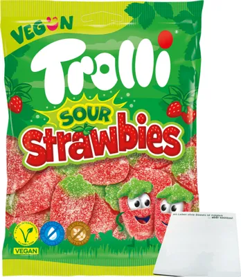 Produktbild von Trolli Sour Strawbies sauer gezuckerte Fruchtgummi-Erdbeeren (150g Packung) + usy Block