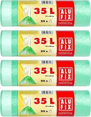 Produktbild von 100x ALUFIX Müllsäcke Müllbeutel mit Zugband 35L HDPE grün 53 x 60 cm