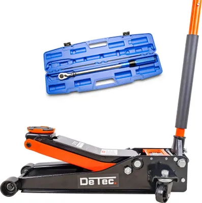Produktbild von DeTec. hydraulischer Wagenheber 3 Tonnen orange | 3t Autoheber flach | Rangierwagenheber Doppelkolbenhieb