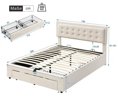 Immagine prodotto di Letto imbottito con contenitore - Tessuto in velluto - Cassetti - Ampio spazio contenitivo - 140 x 200 cm - Beige
