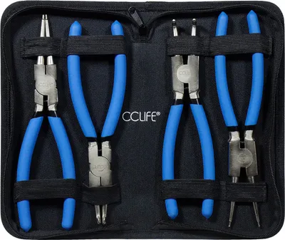 Produktbild von CCLIFE 225mm Zange Gerade & Gebogen für Sicherungsring Innen / Außen, 4tlg Sprengringzangen Seegeringzange Set