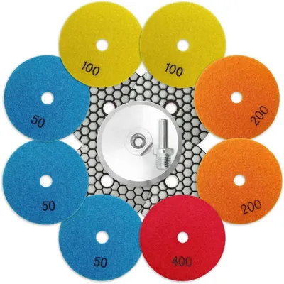 Obrázek produktu pro Sada diamantových lešticích kotoučů o průměru 100 mm, zrnitost #50/100/200/400, pro použití na granitu, betonu a mramoru, s podložkou M14