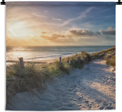 Produktbild von MuchoWow® Wandteppich Wandbehang Sonnenuntergang - Strand - Düne - Gras - Bank 60x60 cm Tapisserie Dekoration Wandtuch - Dekorationen - Wand Decke