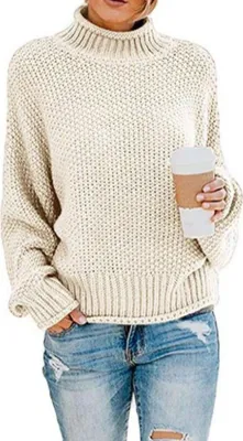 Produktbild von Pullover Damen Elegant Winter Rollkragenpullover Strickpullover Grobstrickpullover Casual Lose Pulli Langarm Oberteile-M