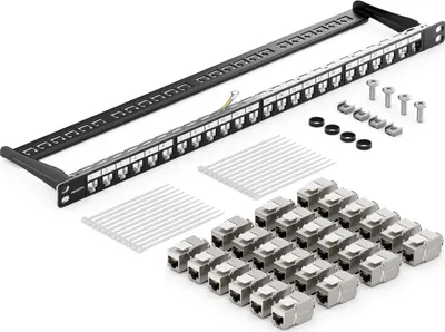 Produktbild von deleyCON 24 Port Patchpanel Set Patchfeld Modular 0,5HE 19 Zoll Rackeinbau + 24x RJ45 Keystone Module CAT6a Kompatibel CAT5 CAT6 CAT7 CAT8 LAN Netzwerk Verlegekabel Schwarz