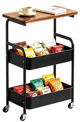 Productafbeelding van Rolwagen met 3 niveaus, keukenwagen met werkblad - zwart, 44x30x77cm