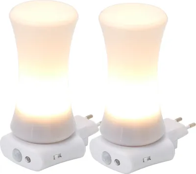 Two white LED plug-in night lights with a motion sensor and a cylinder-shaped frosted diffuser.