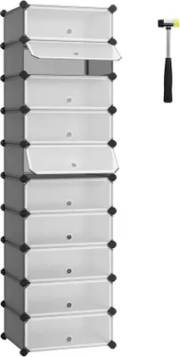 Produktbild von Famanu Schuhschrank mit 10 Fächern, modulares Regal aus Kunststoff, Schuhbox mit Tür, grau