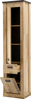 A tall, narrow wooden cabinet with one door open, revealing shelves and a drawer.