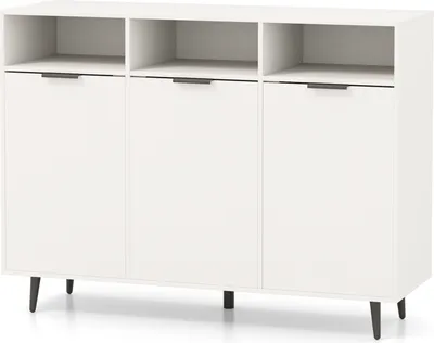 A white sideboard with three doors and three open shelves on top, resting on four black legs.