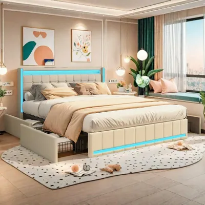 Obrázek produktu pro Čalouněná postel ProximaX 160x200cm se 4 zásuvkami, úložný prostor manželská postel s funkcí zásuvky, postel pro mládež dřevěná postel s LED, funkční postel, povlečení, béžová barva