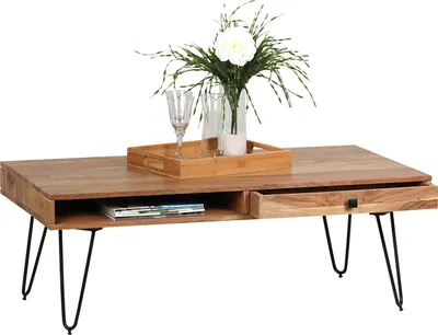 Produktbild von Wohnling Massivholz Akazie Couchtisch 120 x 60 x 40 CM mit 2 Schubläden; WL1.514