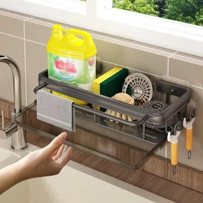 Produktbild von Famanu Spüleorganizer - Edelstahl Schwammhalter und Spülbürstenhalter mit Ablauffanne - Schwarz