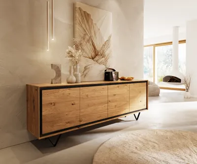Produktbild von DELIFE Sideboard Stonegrace 200 cm Eiche Natur 4 Türen Steinfurnier V-Fuß Metall Schwarz