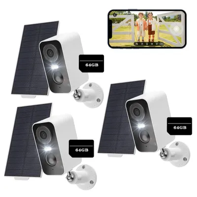 Image de 3 pièces caméra de surveillance extérieure 2K batterie avec panneau solaire, caméra de surveillance extérieure solaire avec carte mémoire Spotlight 64GB
