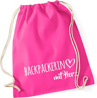 Produktbild von Huuraa Turnbeutel Backpackerin mit Herz 12 Liter Fuchsia Baumwolle Rucksack Geschenkidee