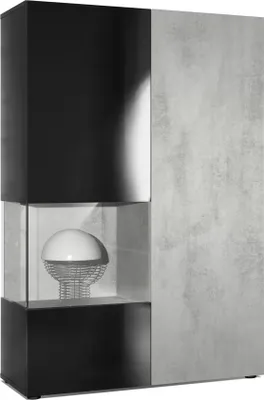 Produktbild von Vladon Vitrine Kommode Hochschrank Morena,  Germany, Korpus in Schwarz matt / Rechte Tür und der Einsatz in Beton Oxid Optik