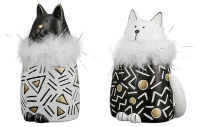 Image de Gilde Figur, chat, "Boa", design graphique, résine synthétique, noir, blanc, L. 8,5 cm, l. 13 cm, H. 18,5 cm. Référence : 37684. Code EAN : 4063387376843. Lot de 2 pièces (assorties)