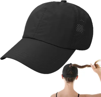 Produktbild von Laufmütze Damen, Schwarze Baseballcap, Mesh mit Pferdeschwanzöffnung, Schnelltrocknend, für Sport