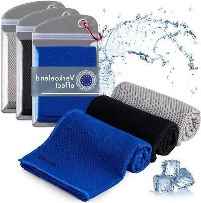 Produktbild von Famanu Sporthandtuch Set von 3 - Kühlhandtuch aus Mikrofaser - Fitnesshandtuch 100 x 30 cm - Schwarz Grau Königsblau