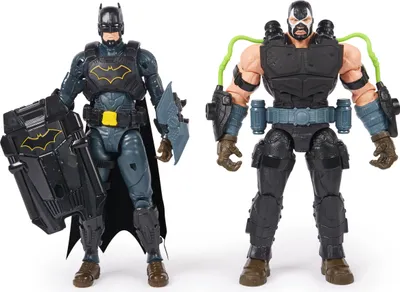 Two action figures, Batman and Bane, are standing side-by-side against a white background.