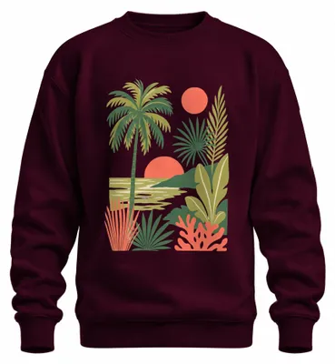 Zdjęcie produktu dla Bluza z kapturem "Tropen", motyw palmy, plaża, zachód słońca, dżungla, styl boho, letni wzór, kolor burgundowy, rozmiar XL