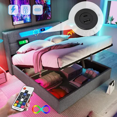 Produktbild von 160x200cmPolsterbett Doppelbett mit USB Typ C Ladefunktion und LED-Beleuchtung,Stauraumbetten Bettgestell aus Leinenmaterial Jugendbett(Ohne Matratze)
