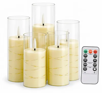 Image de Ensemble de 5 bougies LED Vigevee, avec guirlande lumineuse et télécommande, sans flamme, lumière blanc chaud, avec des gobelets en acrylique transparent