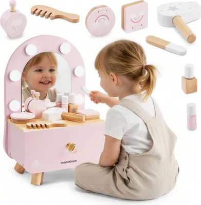 Produktbild von Holz Mini Schminktisch für Kinder mit LED-Beleuchtung, dimmbar, Zubehör & Schublade – Mamabrum