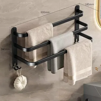 Produktbild von Mattschwarzer Handtuchhalter aus Aluminium, bohrfreier Wandhalter, Handtuchhalter mit 2 Haken, ideal für Badezimmer, Küche, WC. 60 cm, 3 Ablagen.