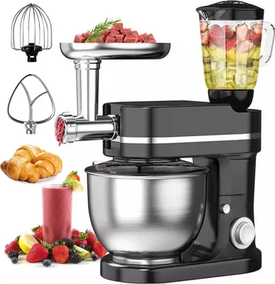 A collage of a black multi-functional kitchen mixer with various attachments, including a meat grinder, blender, whisk, and dough hook. It also features images of croissants, a smoothie, and fresh fruit.