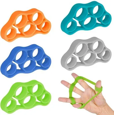 Produktbild von Handtrainer-Set mit 5 Stücken in verschiedenen Widerständen - Silikon-Fingertrainer für Hand- und Fingerkraft