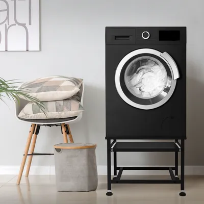 Produktbild von ML-Design Waschmaschinen-Untergestell mit ausziehbarer Ablage, Schwarz 62,5x50,1x40,5 cm Stahl bis 150kg Waschmaschinensockel Trocknersockel Unterschrank