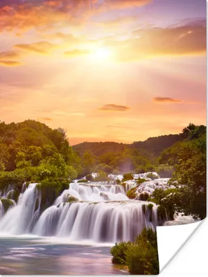 Produktbild von MuchoWow® Poster Wasserfall - Landschaft - Sonne - Wolken - Sonnenuntergang 120x160 cm - Wandbilder