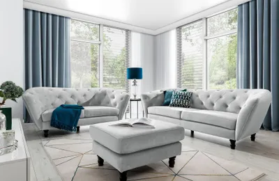 Produktbild von Sofaset Designersofas CHARLOTTE 3-2-1 in Stoff Matt Velvet Hellgrau
