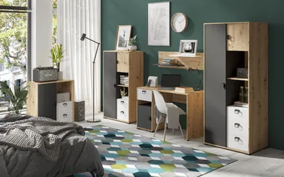 Produktbild von Jugendzimmer-Set KEVIN 1 Kleiderschrank + Regale + Kommode + Schreibtisch + Wandregal Eiche Artisan +Weiß + Graphit