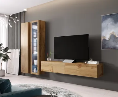 Produktbild von Wohnwand Wohnzimmer - Set Schrankwand VIGO 3F eiche wotan 3tlg mit hängendem TV-Schrank  hängende Vitrine und Hängeschrank 260cm breit