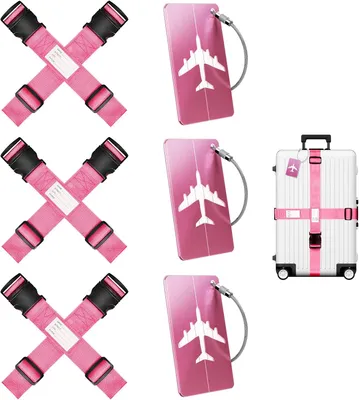 Imagen del producto de Juego de cintas para equipaje, 6 unidades, con 3 etiquetas para maletas, color rosa, para maletas