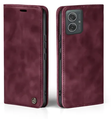 A burgundy flip case for a smartphone is shown from two angles.