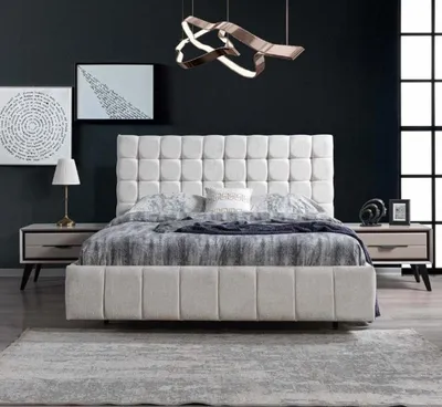 Image de Chambre à coucher blanche Ensemble de meubles de luxe Lit rembourré Armoire en bois