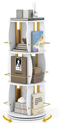 Produktbild von COSTWAY 360° Bücherregal mit Schutzgeländer, Drehbares Standregal mit Sockel & Schutzgeländer, Drehregal mit Ecken, Büroregal für Wohnzimmer, Weiß