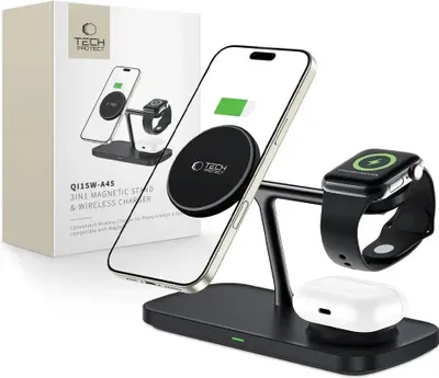Zdjęcie produktu dla Tech-Protect Qi15W-A45 3In1 Magnetic Magsafe Wireless Charger Black