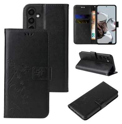 A collage of images showing a black floral and butterfly embossed flip phone case for a Samsung Galaxy A16 / A16 5G.