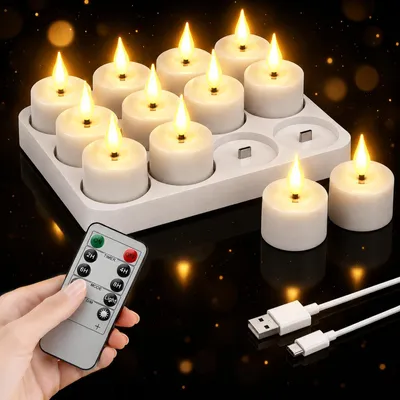 Zdjęcie produktu dla Zestaw 12 świec LED na baterie, z funkcją timera i 2 efektami świetlnymi. Można je ładować