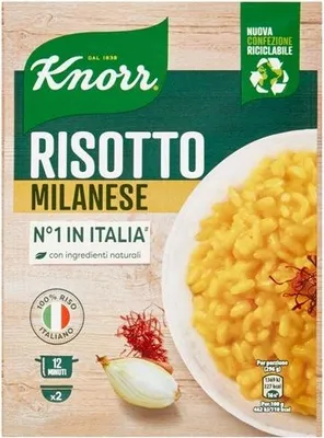 A product package for Knorr Risotto Milanese, showing a bowl of risotto and ingredients.
