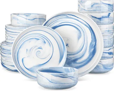 Image de MALACASA, 24 pcs. vaisselle en porcelaine service combiné service de table avec assiette creuse, assiette à dessert, bol, marbre-bleu