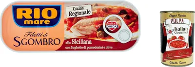 Produktbild von 6x Rio Mare Filetti di Sgombro alla Siciliana Makrelenfilets mit Tomaten-Oliven-Sauce 120g reich an Omega 3 + Italian Gourmet polpa 400