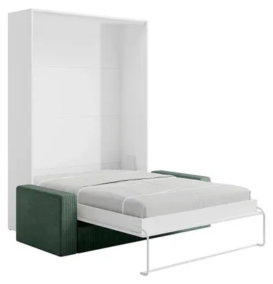 Produktbild von Schrankbett 160 x 200 cm - Manuelles vertikales Öffnungssystem - Weiß + Sofa Grün - BEGANIO