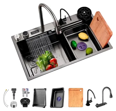 Produktbild von Schwarze Edelstahl-Küchenspüle, Multifunktions-Wasserfall-Spüle, Einbauspüle mit Armatur für Bars, Balkone, Wohnungen und Küchen (B, 50 * 50 cm)