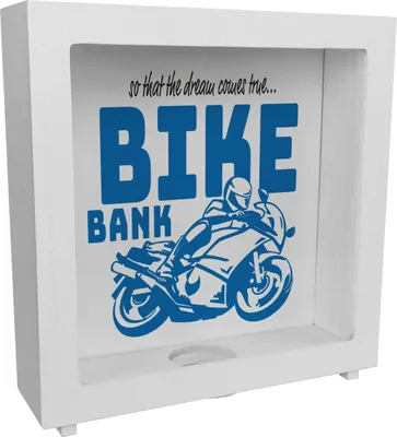 Produktbild von Bike Bank Rahmen Spardose aus Holz in blau zum Thema Motorradkauf und Motorrad